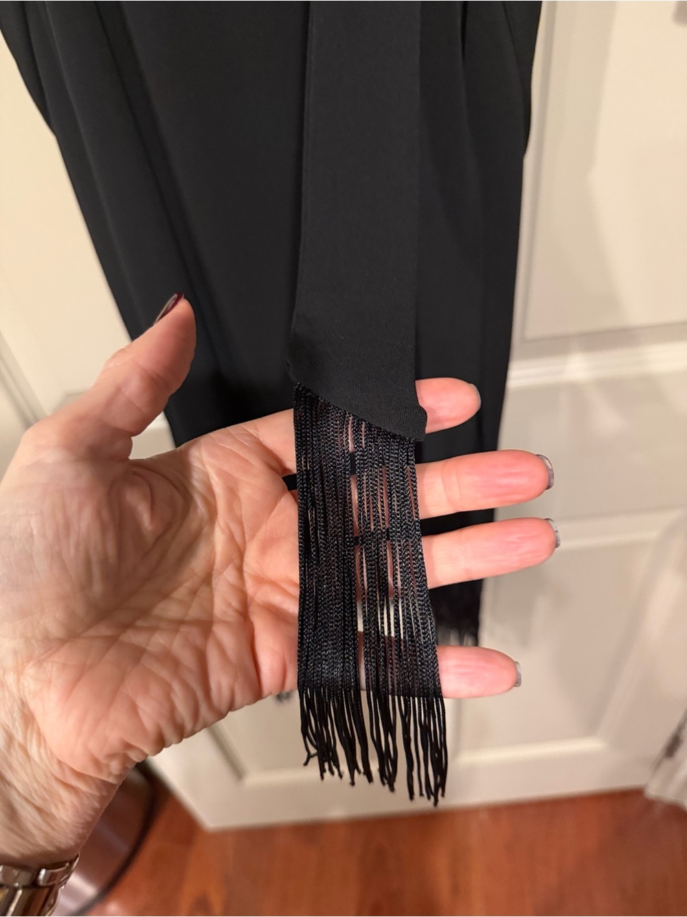 Worn once to a wedding. Neiman Marcus Black Fringe Wrap Midi Dress - Picture 3 of 4